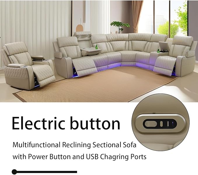 A Ainehome Furniture Reclining Sectional Sofa Set, Breathing Leather Furniture Set, L Shaped Recliner Couch with Storage Console for Living Room/Office/Home Theather(C-Beige)