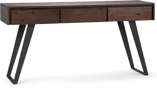 SIMPLIHOME Lowry Console Table - 60 Inch Wide Solid Acacia Wood Sofa Table in Distressed Charcoal Brown, Modern Industrial Storage Table for Living Room with 3 Drawers and Angled Metal Legs