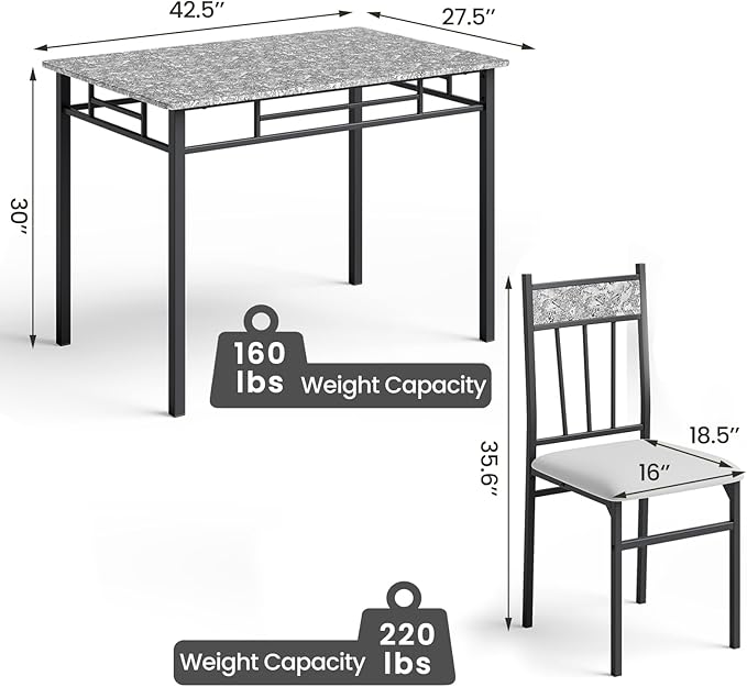 NAFORT 5 Piece Dining Table Set for 4, Faux Marble Kitchen Table and Chairs Set of 4, Vintage Rectangular Dining Room Table with Cushion Padded Seat, Metal and Wood Dining Set Kitchen Furniture, Grey