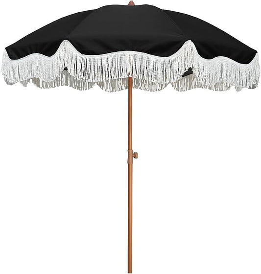 AMMSUN Boho Fringe Umbrella Outdoor Patio, 6.5ft UPF50+ Picnic Umbrella with Tassels with Steel Pole and Push Button Tilt, Noble Black