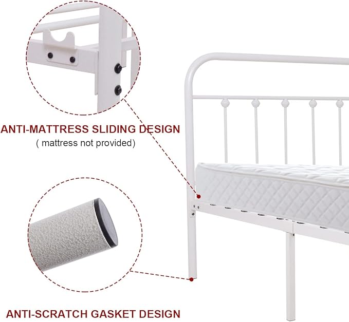 NEEBIRGELIA White Metal Bed Frame Full Size with Headboard and Footboard Single Platform Mattress Base,Metal Tube and Iron-Art Bed (Full, White)