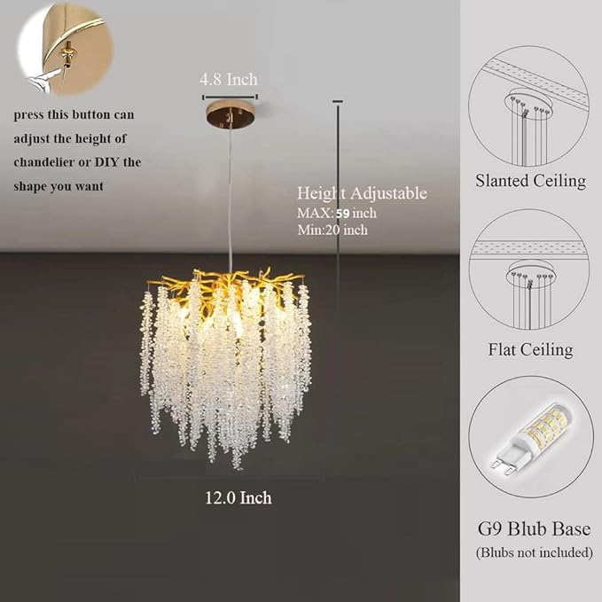 Crystal Tree Branch Chandelier Gold Roud Raindrop Pendant Light Tassel Ceiling Hanging Light Fixtures for Bedroom Living Room Dining Room Entryway Dia 12"