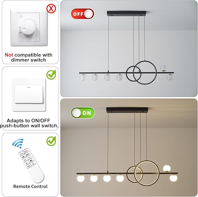 Modern Black Gold Chandeliers for Dining Room, 47in Dimmable LED Chandelier Linear Pendant Light for Kitchen Island, Upgraded 6 Globe Hanging Pendant Chandelier Lighting (2 Rings, 4200lm)