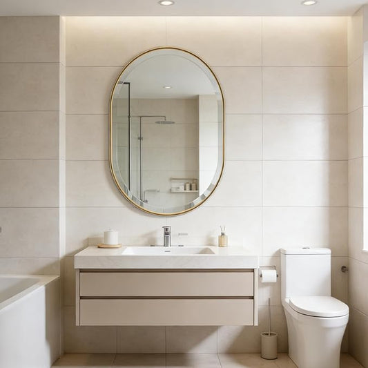 POZINO Modern Oval Beveled Mirror, 24"x36" Brushed Gold Bathroom Vanity Mirror Over Sink, Pill Shaped Capsule Wall Mounted Mirrors for Living Room Bedroom Entryway, Hangs Vertically or Horizontally