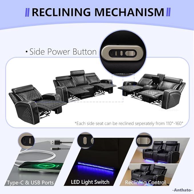 Power Recliner Sofa Couch, Living Room Furniture Sets, Breathing Leather Reclining Couch with Cup Holders/Charging/LED, 3 Seat Black Recliner Sofa with 2 Reclining Seat for Home Theater/Office