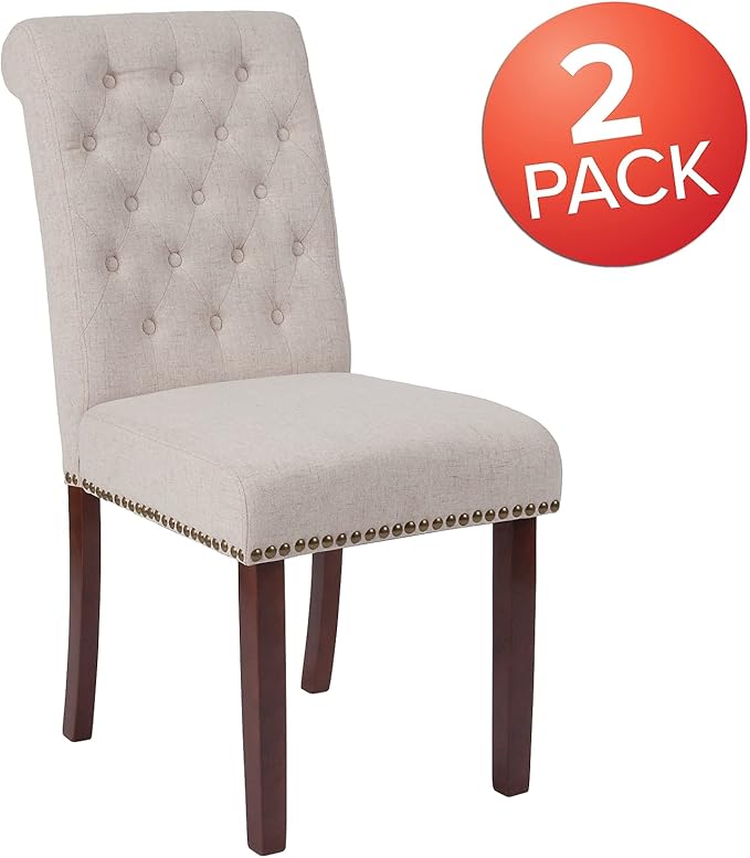 Flash Furniture Set of 2 HERCULES Series Beige Fabric Parsons Chair with Rolled Back, Accent Nail Trim and Walnut Finish