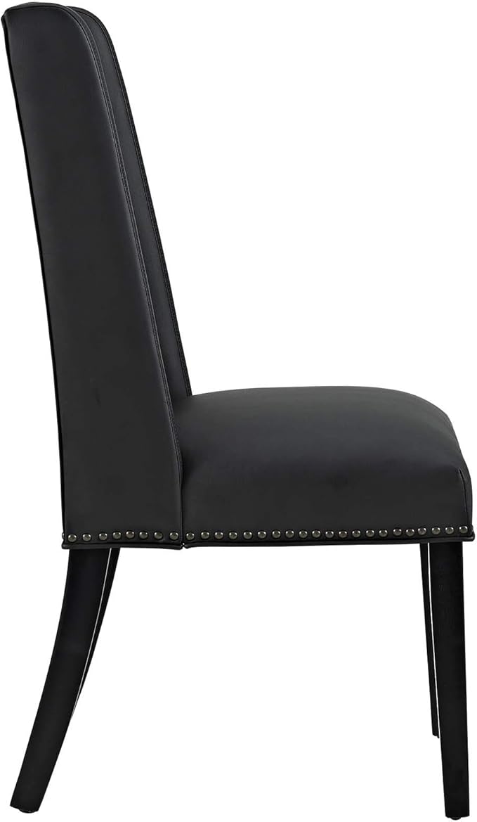 Modway Baron Modern Tall Back Wood Faux Leather Upholstered Parsons Four Kitchen and Dining Room Chairs with Nailhead Trim in Black