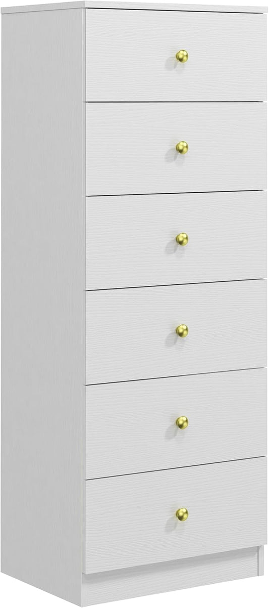 Panana Modern 6 Drawer Vertical Dresser, Wood Tall Chest of Drawers N Arrow Storage Organizer with Wide Drawers & Metal Gold Handles for Bedroom, Living Room, Office, Hallway, Entryway (White)