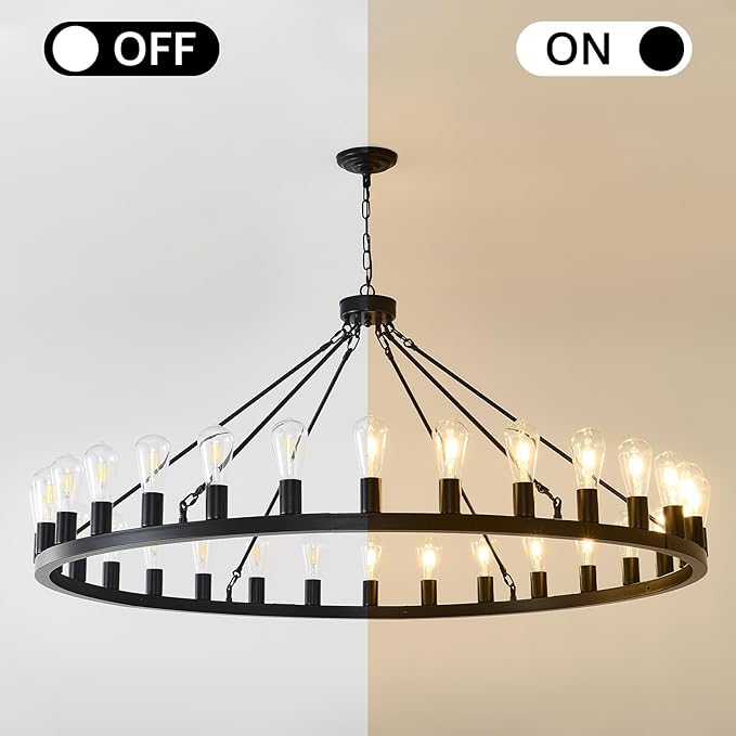 NILSE 53-Inch 30-Light Wagon Wheel Light Fixture, Black Farmhouse Chandelier for Living Room Dining Room, Extra Large Foyer Chandeliers for High Ceilings, Entryway, Bedroom, E26