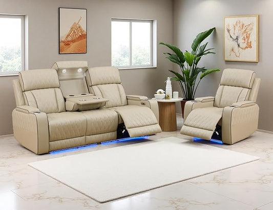Leather Power Recliner Sofa Set, Living Room Furniture Sets, 2 Piece Reclining Sofa & Chair Set with Cup Holders, Breathing Leather Recliner Couches with Coffee Table for Home/Office, Khaki