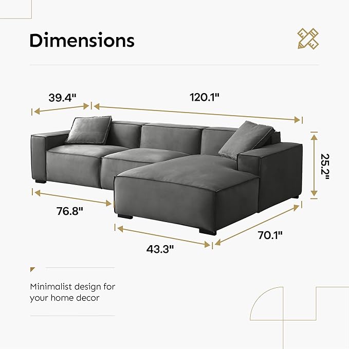 Acanva Modern L-Shaped Deep Sectional Sofa Furniture Set for Living Room Lounge, Minimalist Style Comfy Suedette Upholstery Corner Couch with Chaise, Grey