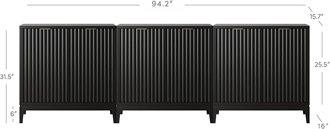 Nathan James Jasper Modern Sideboard, TV Stand with Fluted Doors, Accent Storage for Kitchen or Living Room, Black Oak, Set of 3