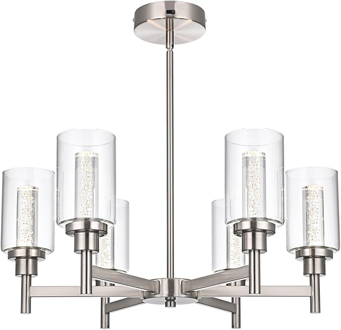 VINLUZ 6 Ceiling Light Industrial Chandelier Brush Nickel Pendant Lighting Hanging Fixture with Cylinder Clear Glass for Kitchen Bedroom Dining Room