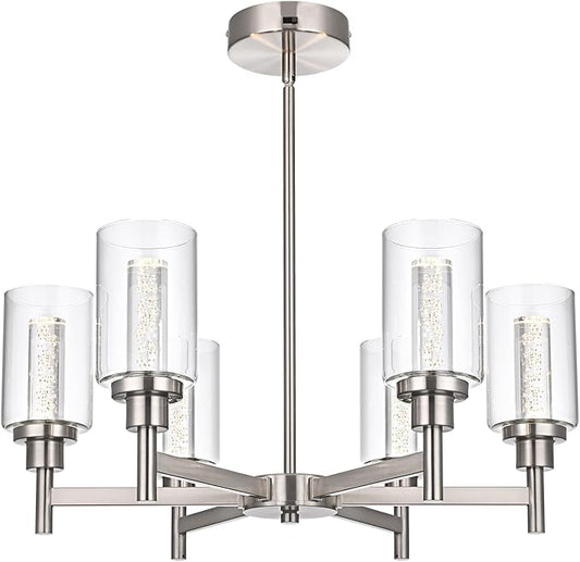 VINLUZ 6 Ceiling Light Industrial Chandelier Brush Nickel Pendant Lighting Hanging Fixture with Cylinder Clear Glass for Kitchen Bedroom Dining Room