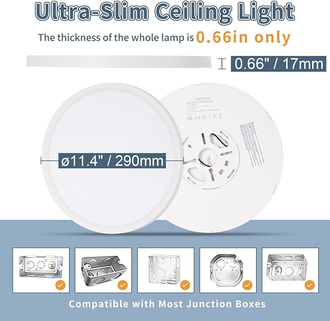 11.4 Inch 12PK LED Flush Mount Ceiling Light, ETL ,24W, 2427LM, 3000K/3500K/4000K/5000K/6500K CCT Selectable, 0.66in Ultra Thin Round Flat Panel Ceiling Light Fixture for Bedroom, Kitchen, (White)