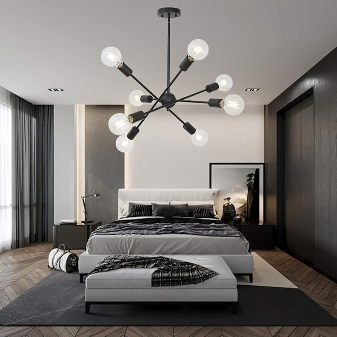 BONLICHT Black Sputnik Chandeliers 8 Light Vintage Industrial Semi Flush Mount Ceiling Light Mid Century Modern Pendant Lighting for Kitchen Dining Room Foyer Hallway