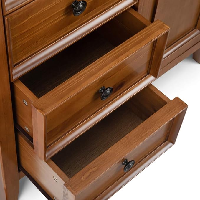 SIMPLIHOME Amherst SOLID WOOD 37 Inch Wide Transitional Medium Storage Cabinet in Light Golden Brown, with 4 Functional Drawers, 1 Door, 2 Adjustable Shelves