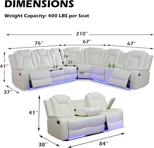 Leather Power Recliner Sectional Sofa Set with LED Light,L Shape Leather Couch Set with 3 Seats Sofa,Modular Corner Couch with USB Port for Living Room Furniture(White, Sectional+3 Seats)