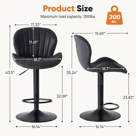 Sweetcrispy Bar Stools Set of 4, Modern Swivel Bar Chairs, Adjustable Fabric Upholstered Barstools Counter Height with Backrest for Bar, Kitchen Island, Dining Room, Black