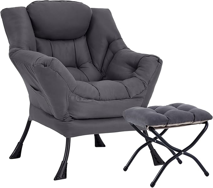 Lazy Chair with Ottoman, Large Dark Grey Accent Chair with Ottoman, Comfy Reading Armchair, Leisure Sofa Chair for Living Room, Bedroom, Dorm Room, Office