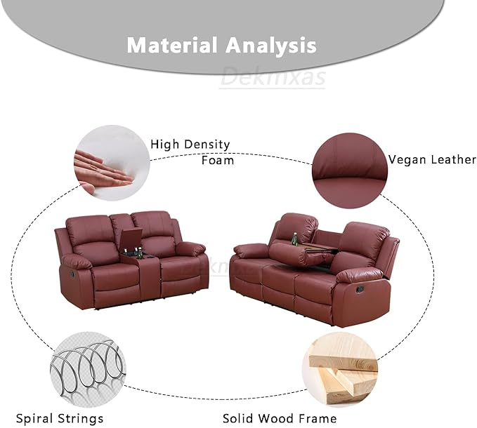 2PCS Manual Recliner Sofa Set Living Room Furniture Sets Bonded Leather Reclining Couch Set Modern Sofa and Loveseat Set with Cup Holders/Overstuffed Arms for Home/Office (Red,Sofa+Loveseat)