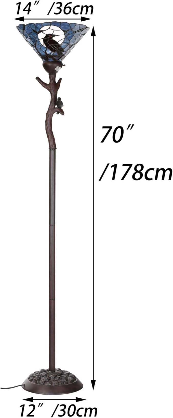 Bieye L10959 Raven Sitting on Bare Tree Branch in Full Moon Night Tiffany Style Stained Glass Torchiere Floor Lamp for Halloween Decor (Dark Blue)