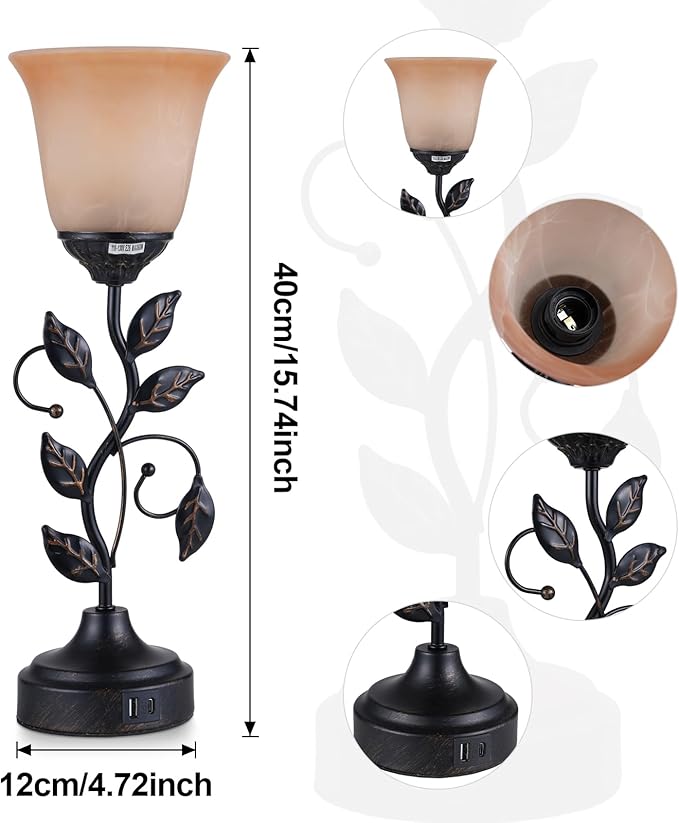 Touch Control Table Lamp Vintage Leaf Vine Lamp Decorative Bedside Lamp Dimmable Desk Lamp with USB A and Type-C Charging Ports Amber Glass Lampshade Warm White Light LED Bulb Included