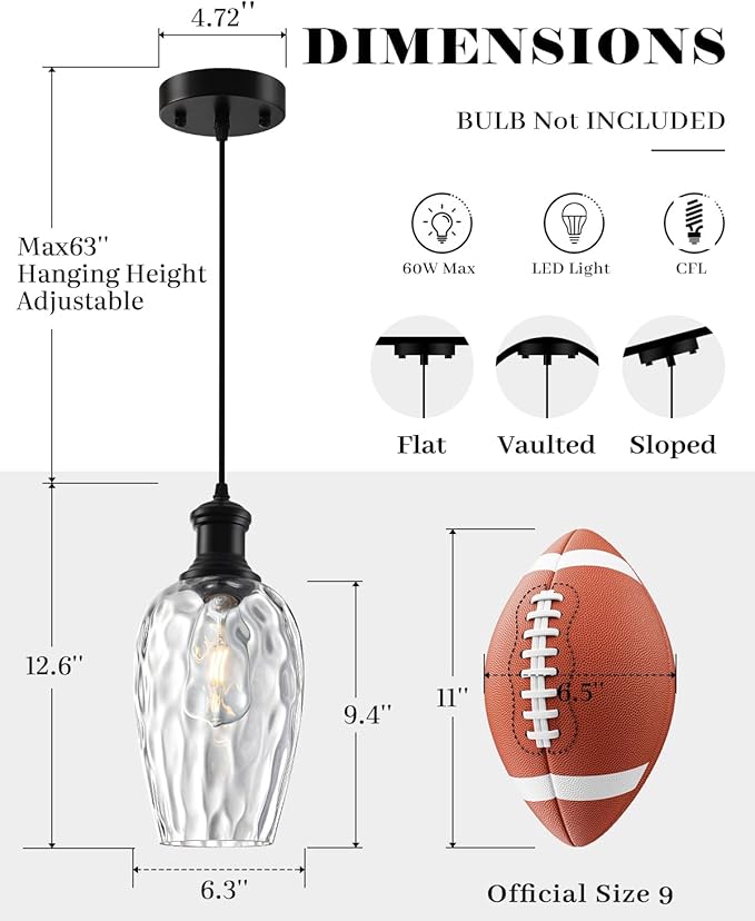 Black Pendant Lights Kitchen Island, 6.3” Hammered Glass Pendant Lights, Hanging Industrial Clear Glass Pendant Light 2-Pack, Farmhouse Kitchen Pendant Light for Dining Room, Bathroom, Cafe