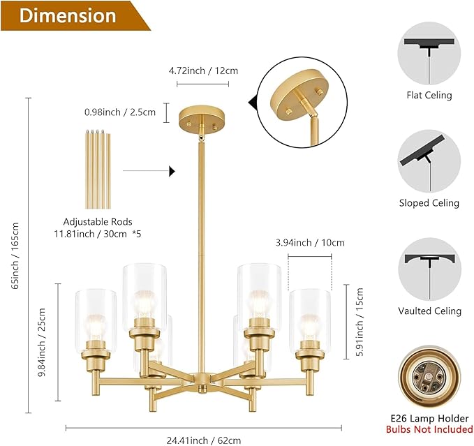 Modern Gold Chandeliers for Dining Room, 6-Light Chandelier Light Fixture with Clear Glass Shades, Metal Hanging Pendant Lighting for Living Room, Kitchen, Staircase, Entryway