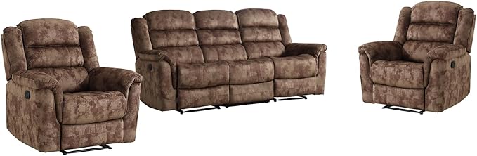 EBELLO 3 Pieces Reclining Living Room Set, Soft Fabric Manual Recliner Sofa Furniture Set, Includes 2 Overstuffed Recliner Chairs and one 3 Seat Sofa, Brown