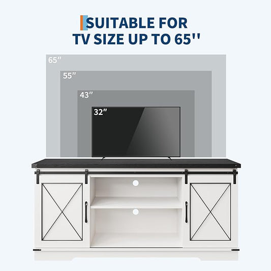 IDEALHOUSE Farmhouse TV Stand for TV up to 65 Inch, Entertainment Center with Sliding Barn Doors and Adjustable Shelves, Mid Century Modern Media Console Table for Living Room, White & Black