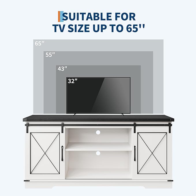 GarveeHome Farmhouse TV Stand for TV up to 65 in and Entertainment Center with Sliding Barn Doors and Adjustable Shelf, Tv Media Console Table with Storage Cabinet for Living Room, Bedroom, White