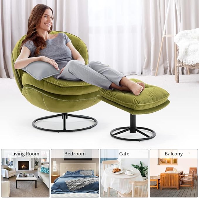 Velvet Swivel Accent Chair with Ottoman Set, Modern Lounge Chair with Metal Base Frame & Footrest, Comfy Single Leisure Sofa Chair Reading Chair with 360 Degree Swiveling for Living Room, Fruit Green