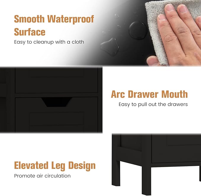 COSTWAY Bathroom Storage Cabinet, Freestanding Wooden Side Storage Cabinet with 2 Adjustable Drawers, Space-Saving Floor Cabinet for Living Room Bathroom Bedroom Entryway (Black)