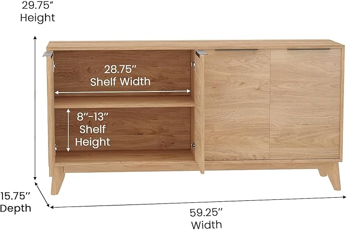 Flash Furniture Hatfield Mid-Century Modern 4 Door Storage Buffet - Light Natural Sideboard - 60 Inches - Soft Close Doors - Adjustable Shelves - Holds up to 64" TV's