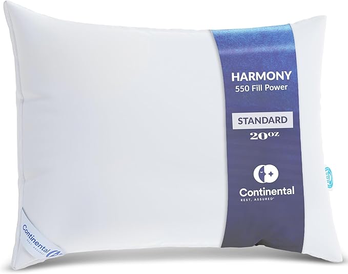 Continental Bedding Harmony White Goose Down Pillow 550 Fill Power Medium Loft 100% Cotton 300 Thread Count Shell Standard Size 1 Pack Made in USA