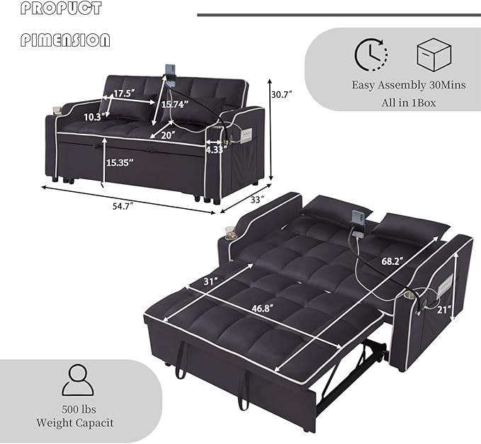 Convertible Sofa Bed, 3 in 1 Futon Sofa Bed with USB Charging Ports, Cup Holder, Phone Stand & Pocket, Modern Upholstered Sleeper Sofa for Living Room, Apartment or Small Space (Grey-L)