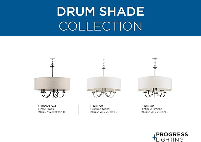 Progress Lighting Drum Shade Collection Five-Light Chandelier, Farmhouse Style Hanging Ceiling Light Fixture for Dining Rooms, Foyers, White Textured Linen Shade, Brushed Nickel