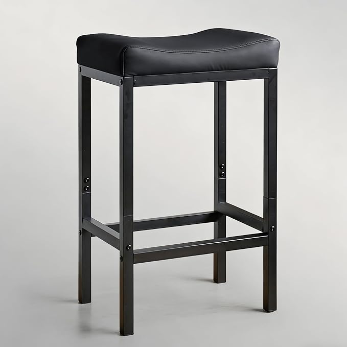 Counter Height Bar Stools, 25.5 Inch Bar Stools for Kitchen Counter, Faux Leather Bar Stool, Saddle Barstool with Footrest, Easy Assembly, Black (Matte Black, 25.5 Inch - 1pcs)