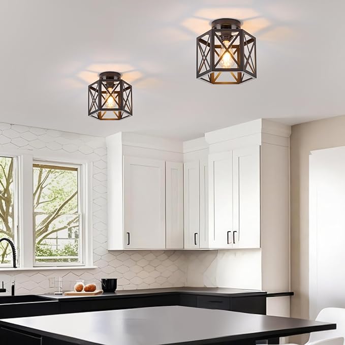 2 Pack Farmhouse Semi Flush Mount Ceiling Light, Industrial Black Hallway Light Fixture, Small Metal Cage Close to Ceiling Lights for Kitchen Sink Porch Bedroom