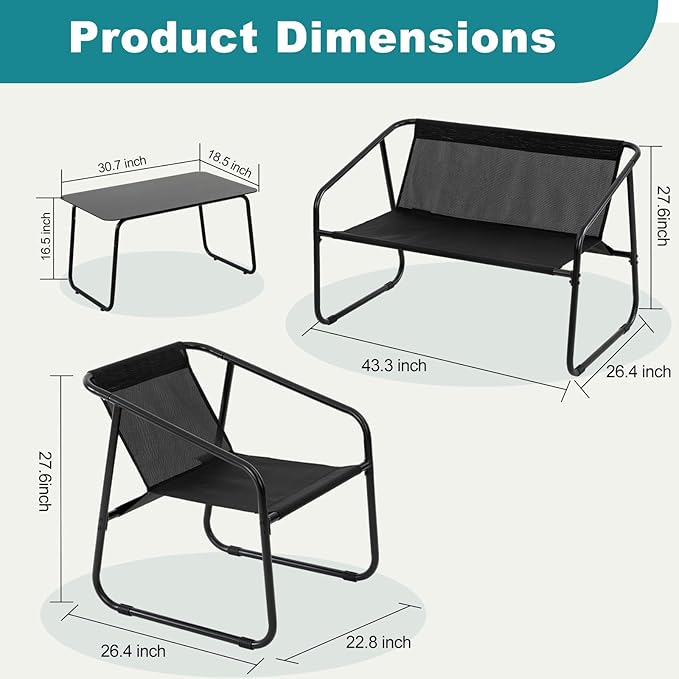 DUMOS 4 Piece Patio Furniture Set，Outdoor Patio Furniture Conversation Set with Table, Patio Sectional Bistro Sets for Lawn, Garden, Balcony, Poolside (Black)
