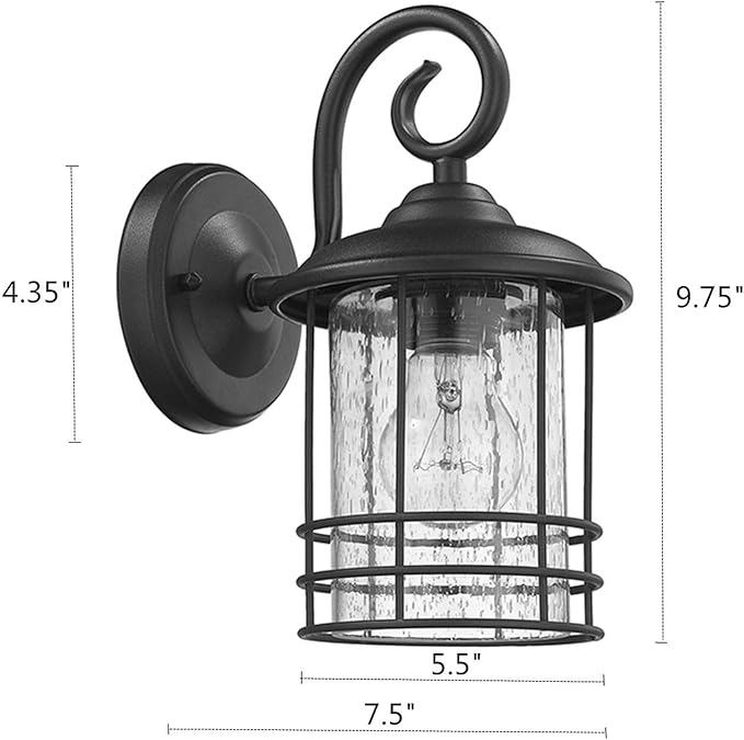 MICSIU 9.8" Textured Black Outdoor Wall Light 2 Pack, 5.5" Wide Exterior Wall Lantern Light with E26 Based Socket, Clear Seedy Glass Exterior Wall Light for House, Entryway, Patio, Garage, Doorway
