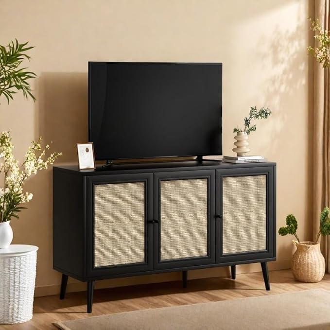 FONTOI Rattan Entryway Table, Entertainment Center with Adjustable Shelf, Sideboard Buffet Cabinet with 3 Rattan Doors, Modern Console Cabinet with Large Storage for Living Room, Kitchen, Black
