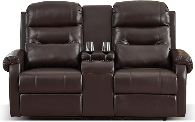 DRMBOOK RV Loveseat Recliner Sofa with Console, Faux Leather Double Wall Hugger Reclining Couch Manual Home Movie Seating 2 Person Recliner Chair with Cup Holders/Storage/Pocket/Lumbar Pillow, Brown
