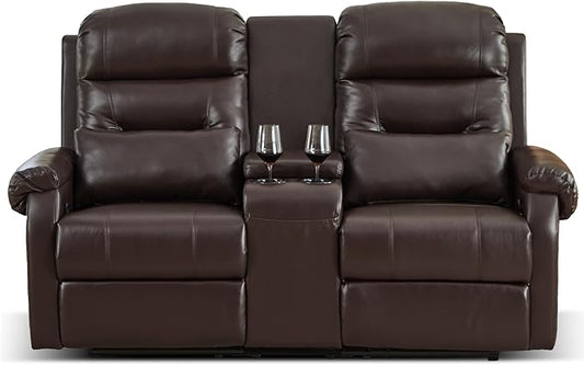 DRMBOOK RV Loveseat Recliner Sofa with Console, Faux Leather Double Wall Hugger Reclining Couch Manual Home Movie Seating 2 Person Recliner Chair with Cup Holders/Storage/Pocket/Lumbar Pillow, Brown