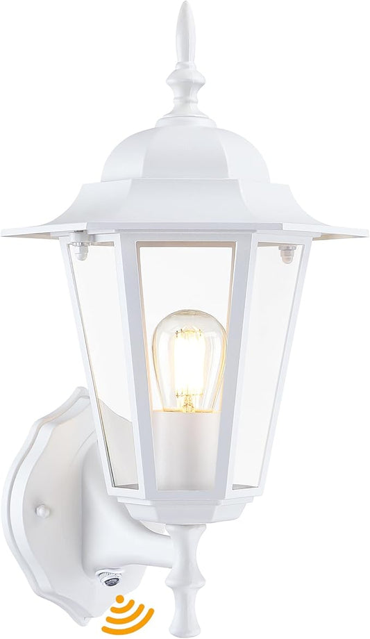 Outdoor Wall Lantern, Dusk to Dawn Exterior Wall Sconce with Clear Glass, Waterproof White Aluminum Porch Light, Anti-Rust Outside Lighting Fixtures for Patio Front Door Entryway, 1-Pack