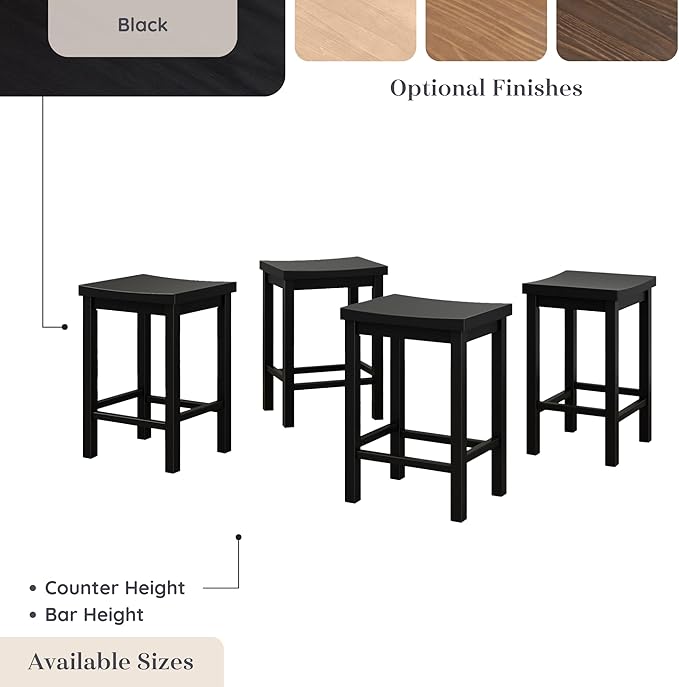 Grain & Grove Smith Collection Set of 4 Solid Wood Counter Height Bar Stools, 24-Inch Saddle Seat Backless Stools, Ideal for Kitchen Island, Dining, or Home Bar Seating, Black