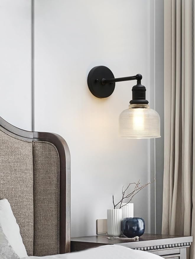 Yosoan Boho Indoor Vintage Wall Sconce with Striped Bowl Shade, 1-Light Modern Vanity Industrial Single Wall Mounted Hardwired Texture Glass Shade for Living Room Bedroom Fireplace Hallway(Black)