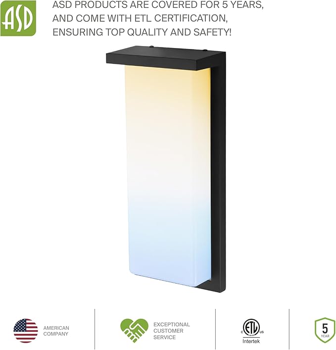 ASD LED 8" Outdoor Wall Light, Front Door House Sconce | 3CCT, Dimmable, Waterproof, ETL Listed | 12W 900LM 3000-5000K 120V | Exterior Patio Lighting Fixture, Flush Mount Porch Lamp | Black