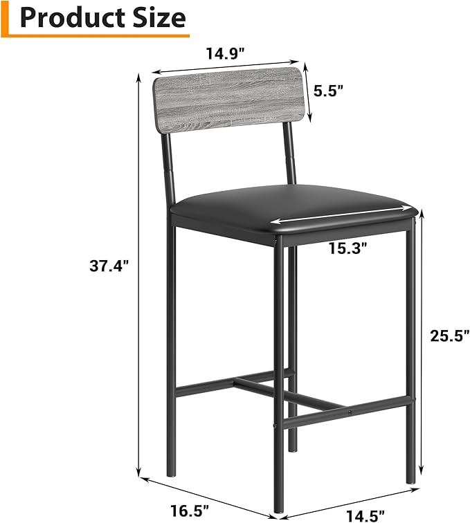 GAOMON Bar Stools Set of 2, Kitchen Bar Stools with Footrest, 25.5 Inches Upholstered Bar Chairs with Back, Counter Height Barstools for Counter Bar, Island, Easy Assembly, Grey